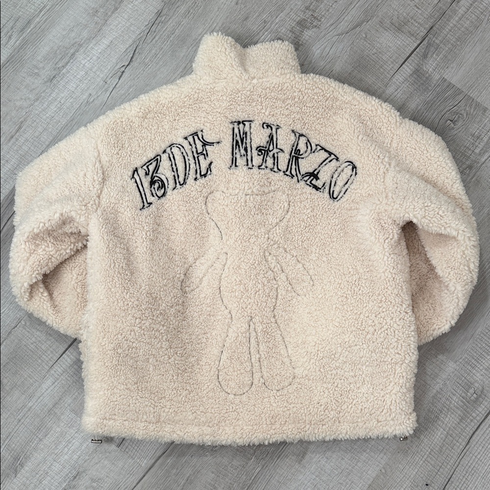 13DE MARZO Beige Teddy Sherpa Jacket with Embroidered Bear